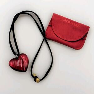 Baccarat France Red Crystal Heart Black Cord Pendant Necklace Vtg
